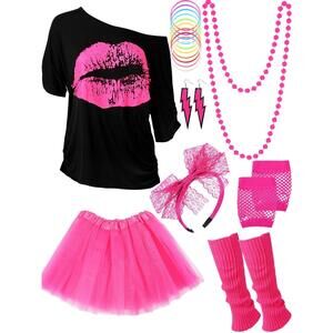 5554 80s Costume Accessoriess Set T-shirt Tutu Headband Earring